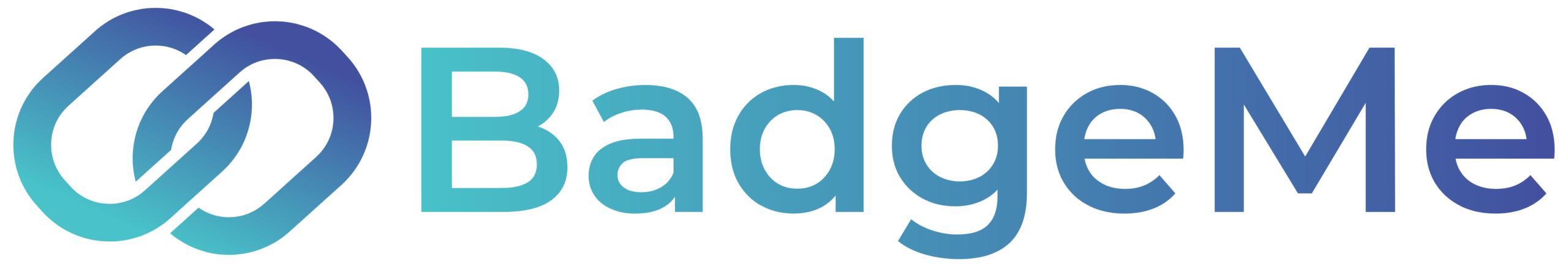 BadgeMe brand logo featuring an interlocking teal-to-blue gradient ring icon and the word 'BadgeMe' in gradient typography