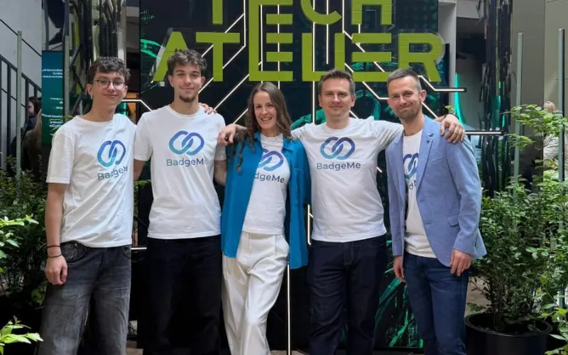 The BadgeMe team in branded tees at Deep Tech Atelier 2026