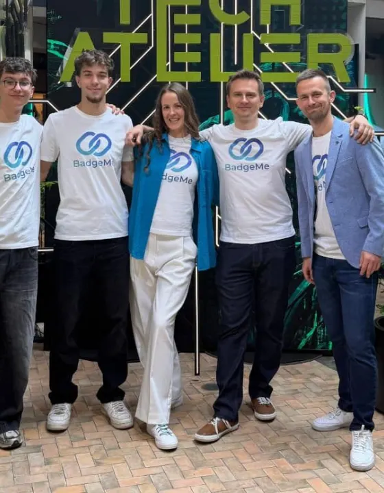 The BadgeMe team in branded tees